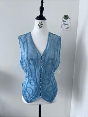 100% Silk Vintage Mary McFadden Blue Beaded Vest Embellished Button-Front M NWT
